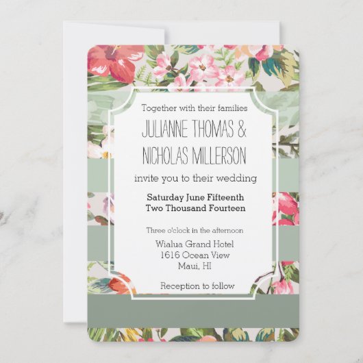 Invitation Fleurs tropicales Mariage de rayures de menthe (Devant)
