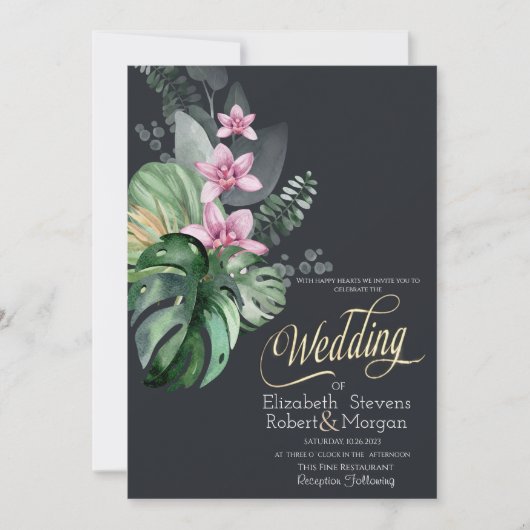 Invitation Fleurs tropicales Mariage foncé (Devant)
