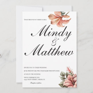 Invitation Fleurs tropicales mariage script noir et blanc