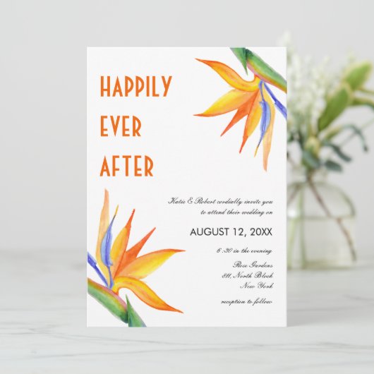 Invitation Fleurs tropicales Orange Mariage de script moderne (Debout devant)