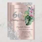 Invitation Fleurs Tropicales Paillettes Dégoulinures Or Rose (Devant / Derrière)