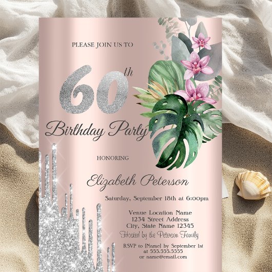 Invitation Fleurs Tropicales Paillettes Drips Or Rose 60ème 