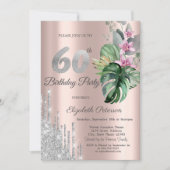 Invitation Fleurs Tropicales Paillettes Drips Or Rose 60ème  (Devant)