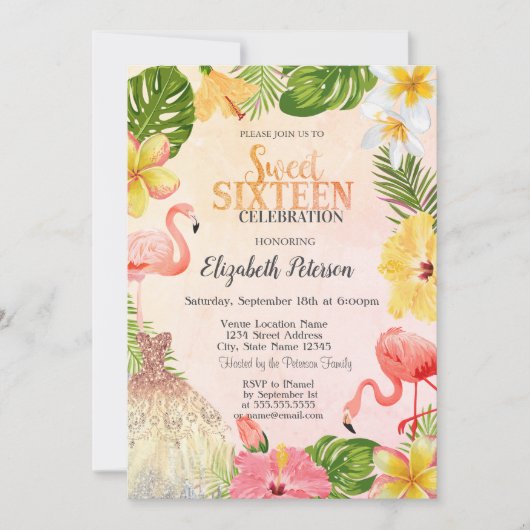 Invitation Fleurs tropicales Palm Flamants roses Robe Douce 1 (Devant)