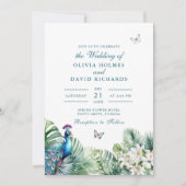Invitation Fleurs tropicales papillon mariage sarcelle paon (Devant)