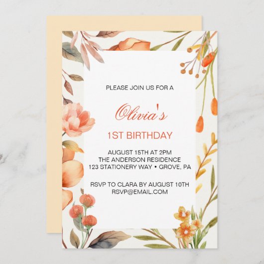 Invitation Fleurs tropicales Premier anniversaire (Devant / Derrière)