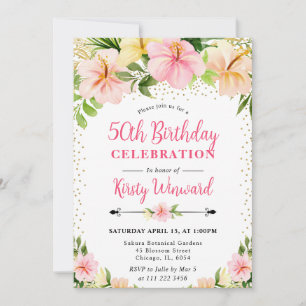 Invitation Fleurs tropicales rose aquarelle 50e anniversaire