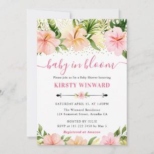 Invitation Fleurs tropicales rose aquarelle Baby Shower