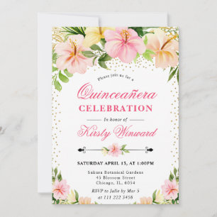 Invitation Fleurs tropicales rose aquarelle Quinceanera