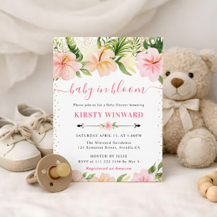 Invitation Fleurs tropicales rose en aquarelle Baby Shower