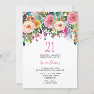 Invitation Fleurs tropicales roses 21e anniversaire Invitatio