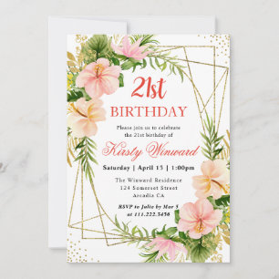 Invitation Fleurs tropicales roses et cadre doré pour 21e ann