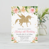 Invitation Fleurs tropicales roses Gold Unicorn fête d'annive (Debout devant)
