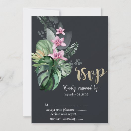 Invitation Fleurs tropicales RSVP foncé (Devant)