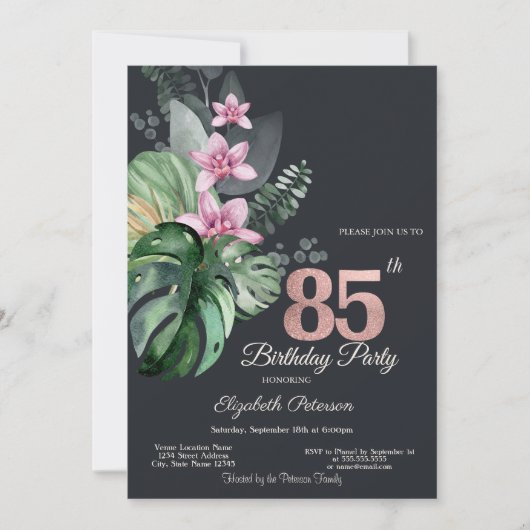Invitation Fleurs Tropicales Sombre 85e Anniversaire (Devant)