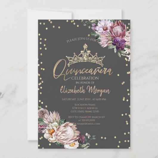 Invitation Fleurs tropicales Tiara Diamonds Gris Quinceañera (Devant)