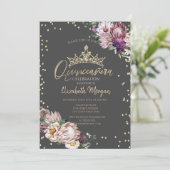Invitation Fleurs tropicales Tiara Diamonds Gris Quinceañera (Debout devant)