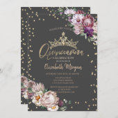 Invitation Fleurs tropicales Tiara Diamonds Gris Quinceañera (Devant / Derrière)