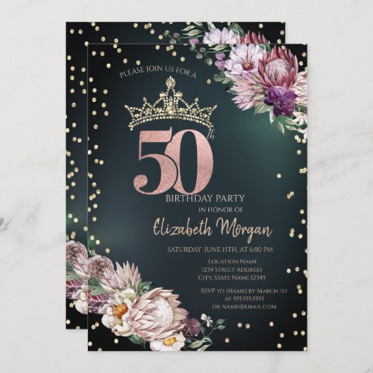 Invitation Fleurs tropicales Tiara Diamonds Vert 50e (Devant / Derrière)