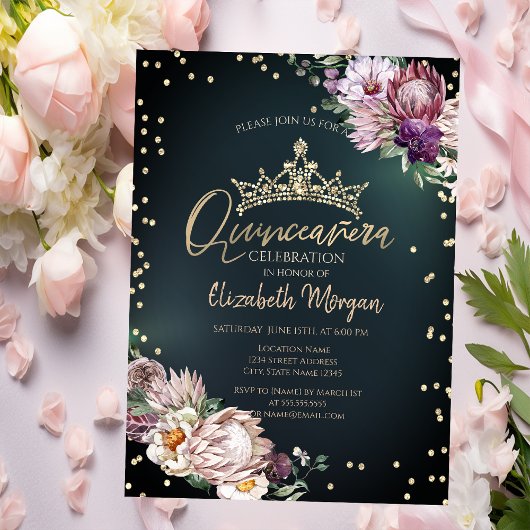 Invitation Fleurs tropicales Tiara Diamonds Vert Quinceañera