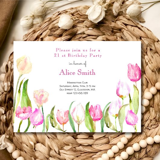 Invitation Fleurs tulipes jardin aquarelle anniversaire