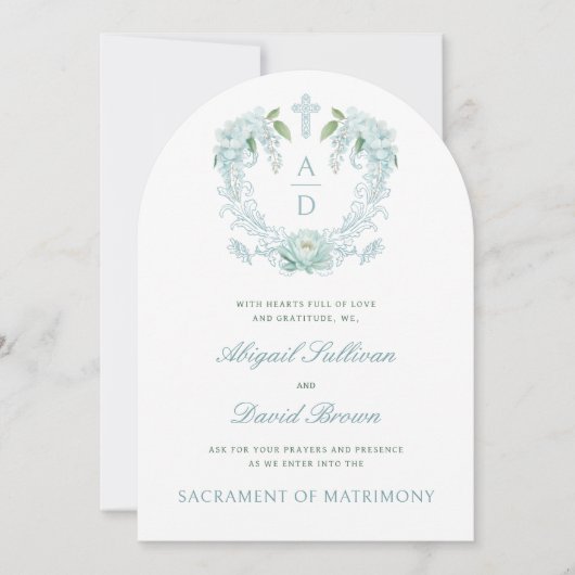 Invitation Fleurs Turquoise Crest Monogrammes Mariage catholi (Devant)