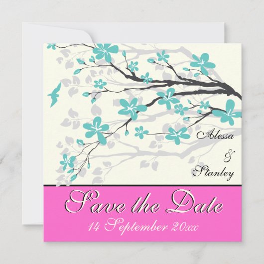Invitation Fleurs turquoise, mariage rose chaud Enregistrer l (Devant)
