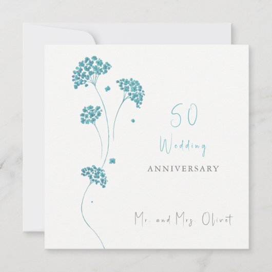 Invitation Fleurs turquoise mignonnes Anniversaire Mariage 50 (Devant)