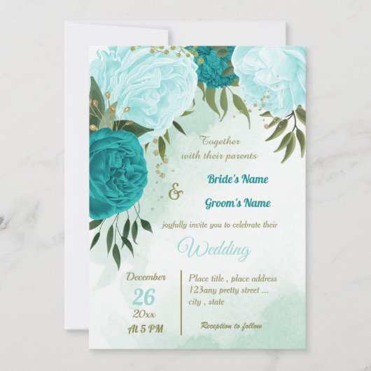 Invitation fleurs turquoise vert feuille mariage (Devant)
