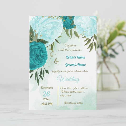 Invitation fleurs turquoise vert feuille mariage (Debout devant)
