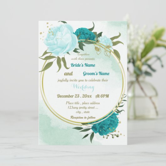 Invitation fleurs turquoise vert feuille mariage (Debout devant)
