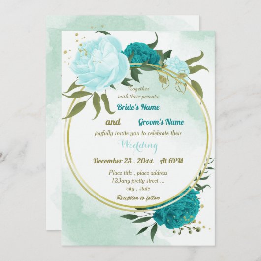 Invitation fleurs turquoise vert feuille mariage (Devant / Derrière)