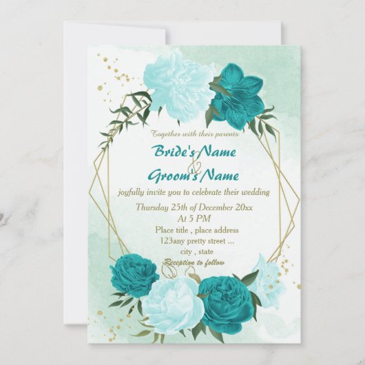 Invitation fleurs turquoise vert feuille mariage (Devant)