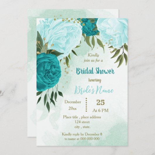 Invitation fleurs turquoise vert feuille nuptiale (Devant / Derrière)