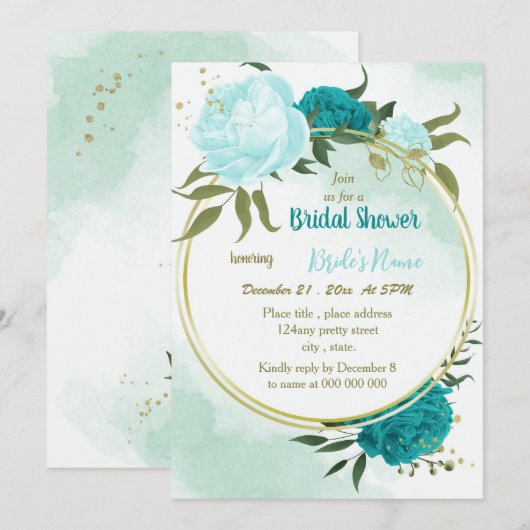 Invitation fleurs turquoise vert feuille nuptiale (Devant / Derrière)