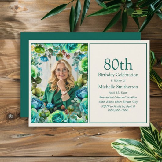 Invitation Fleurs Turquoises bleues vertes modernes 80e anniv
