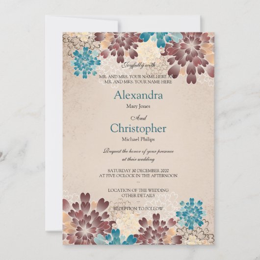 Invitation Fleurs Turquoises vertes, Brown et ivoire Mariage  (Devant)