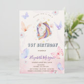 Invitation Fleurs Unicorne mignonnes Papillons rayés Annivers (Debout devant)