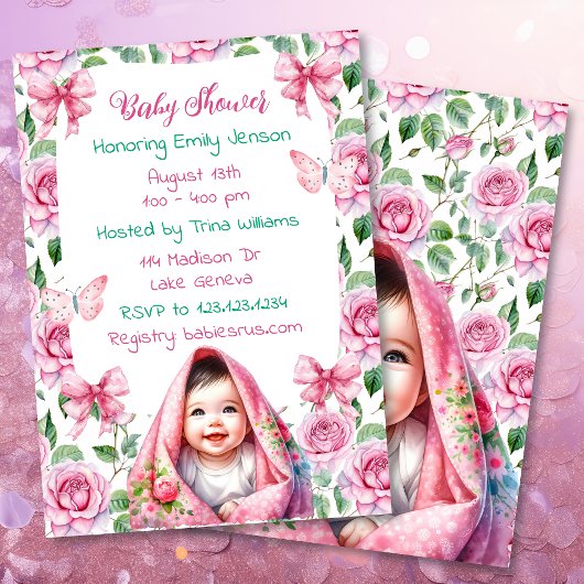 Invitation Fleurs, vaches et papillons Baby shower rose