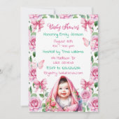 Invitation Fleurs, vaches et papillons Baby shower rose (Devant)