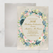 Invitation Fleurs verdoyantes de crème rose élégante pour 90e (Devant / Derrière)