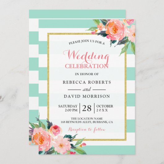 Invitation Fleurs vertes à la menthe moderne Mariage (Devant / Derrière)
