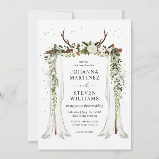 Invitation Fleurs Vertes Blanches Cerf Ramure Chapiteau Maria (Devant)