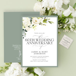 Invitation Fleurs vertes blanches QR 60e anniversaire de Mari