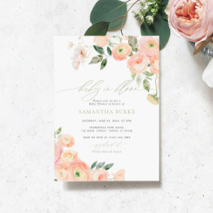 Invitation Fleurs vertes Blush & Sage Bébé dans Douche en Fle