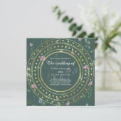 Invitation Fleurs vertes et or, mariage (Debout devant)