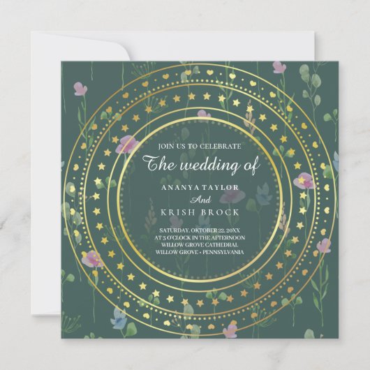 Invitation Fleurs vertes et or, mariage (Devant)
