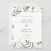 Invitation Fleurs vertes, feuilles, bordure d'or, mariage de  (Devant)