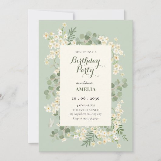 Invitation Fleurs vertes pastel (Devant)