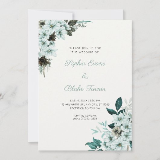 Invitation Fleurs Vertes Rustiques Mariage Bohème Blanc Cassé (Devant)